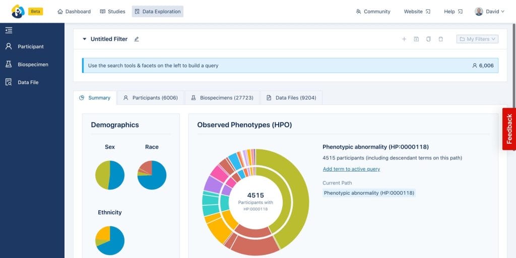 The Data Exploration Tool allows users to build very specific queries by applying multiple filters simultaneously, for example to find the genomic alignments that have been derived from white blood cells from female participants.
