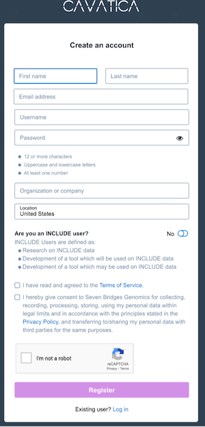 Image showing the CAVATICA account creation screen indicating where to register as an INCLUDE user.