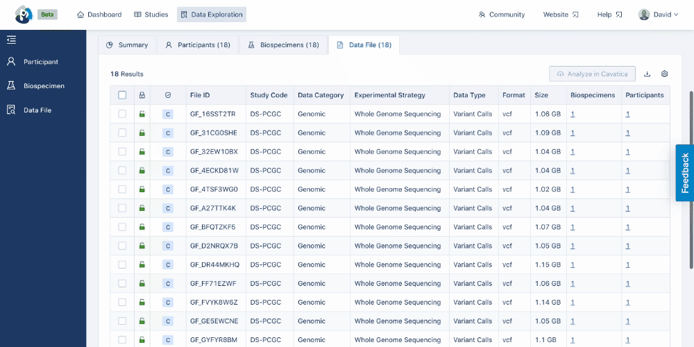 Copying data files to a CAVATICA project for analysis in the Data Files Tab of the Data Exploration Tool.